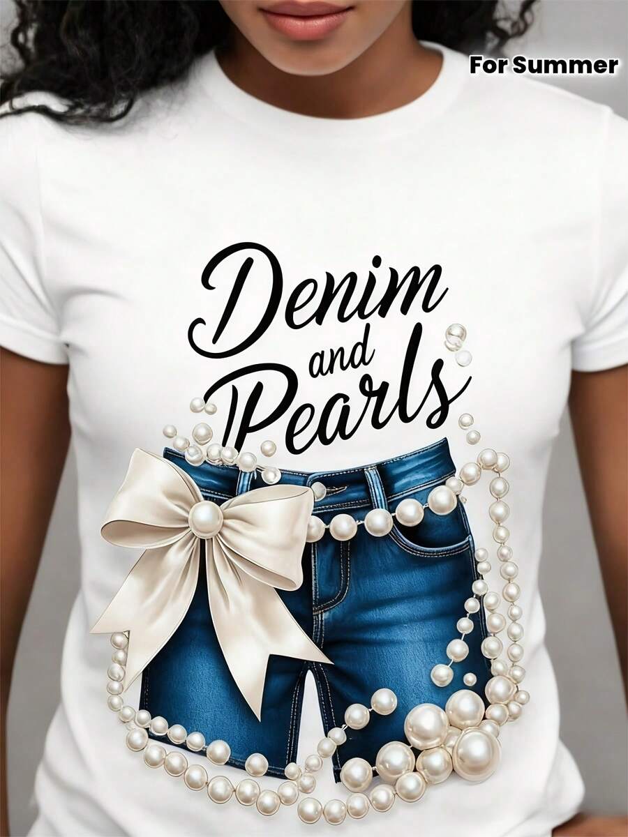 Women's Plus Size Casual T Shirt For Denim & Pearls T-Shirt With Fringe-Like Bow Tie Graphic Vintage Printed Short Sleeved Tee Spring/Summer/Fall T-Shirt Round Neck Comfortable Top Suitable For Daily Wear Vacation Outdoor Clothing - 白色11 - 查看 1