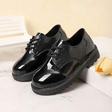 Boys' Fashion Round Toe Lace-Up Black Patent Leather Shoes, Versatile Outdoor Student Shoes, Spring Autumn
