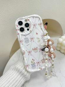 Flower Bow Cream Swirl Wave Edge Glossy Painted Anti-Drop Phone Case With Beaded Bracelet Accessory, Compatible With IPhone, Galaxy, Redmi - Multicolor - View 1