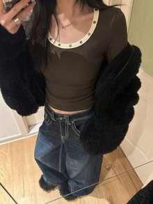 2025 Autumn European & American Style Women Long Sleeve T-Shirt With Ruched Design, Casual Crew Neck Undershirt - 335 Coffee Milk Tea - View 2