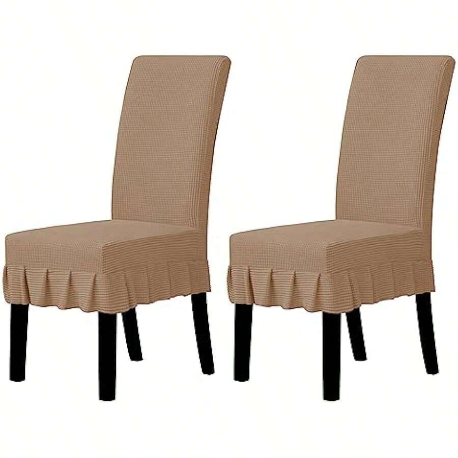 Easy-Going Dining Chair Covers Stretch Parsons Chair Slipcover With Skirt Chair Covers For Dining Room Restaurant Banquet (2 PCS, Light Gray) Local Shipping - 駝色 - 查看 1
