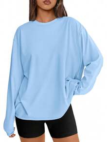 Womens Oversized Long Sleeve Shirts 2026 Basic Crewneck Tee Fall Tops Casual Workout Y2K Clothes - Xanh da trời - Xem 8