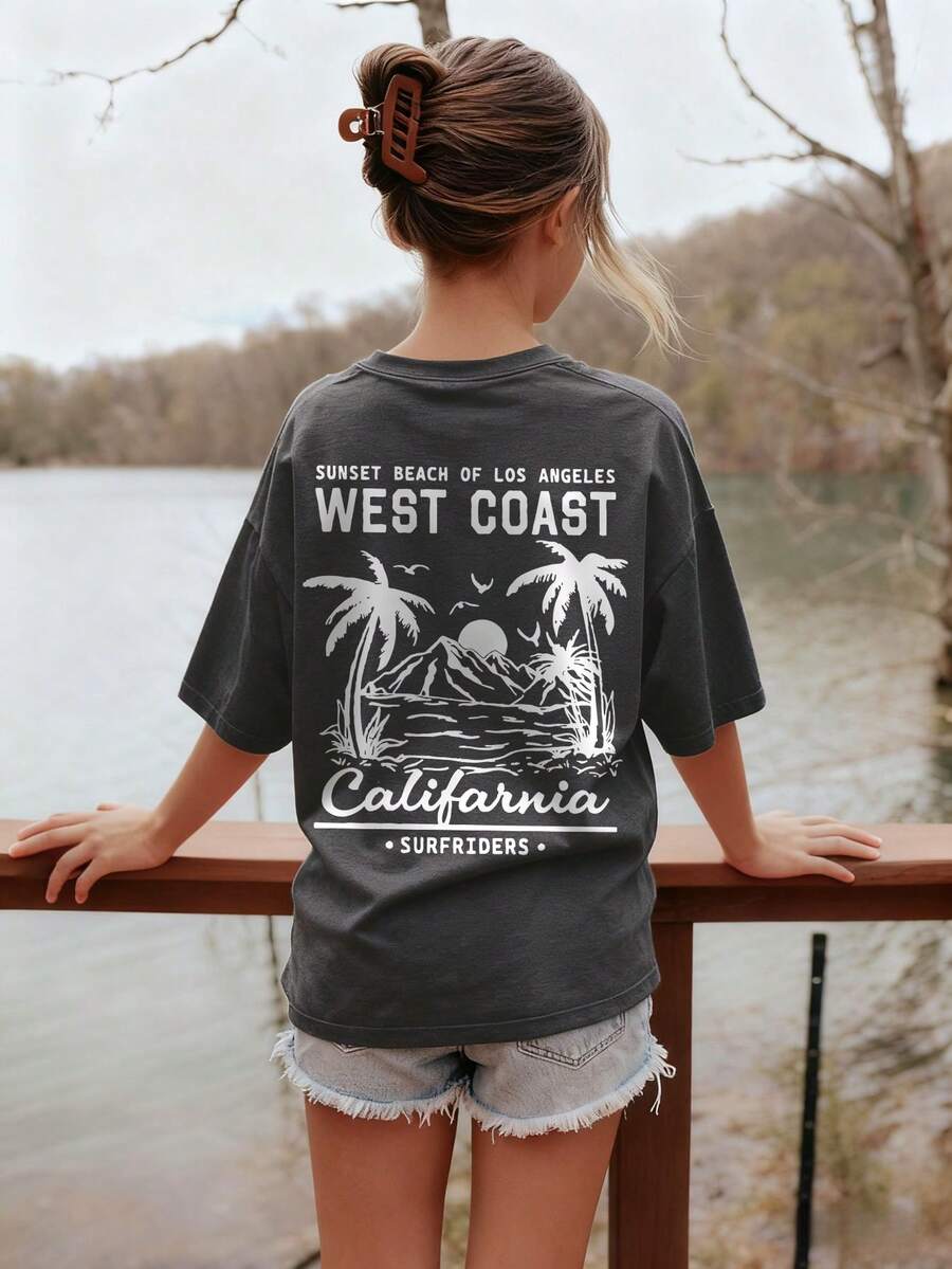 Summer Casual Printed Crew Neck Short Sleeve T-Shirt, Suitable For Girls And Children - Designed For Little Adventurers Who Love To Travel! Girl's Clothing, Girls Graphic Tee, Summer Top, Girl Apparel - Dark Grey - View 1