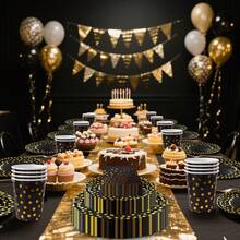 20-Piece Black & Gold Polka Dot Themed Disposable Tableware Set- Plates/Cups/Napkins, Luxury Party Supplies For Wedding Reception, Elegant Dinners & Anniversary Celebrations