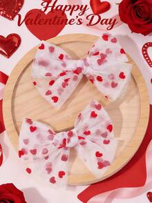 2个情人节爱心印花发夹，女孩爱心印花网纱蝴蝶结发夹，可爱蝴蝶结发夹，情人节礼物，发饰 - 彩色 - 查看 1