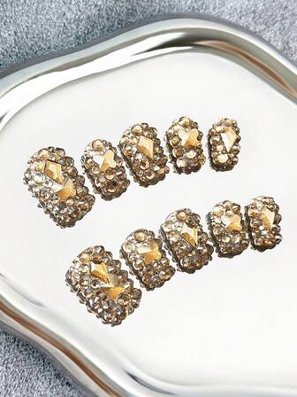 Y2K方形美甲，手工制作，透明甲片，香槟色水钻，闪亮全覆盖3D设计 - 全覆盖DIY闪光人造指甲，适用于派对、户外、海滩、日常、节日、聚会、工作和特殊场合 - 10片/包
