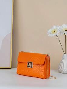 PU Snake Skin Pattern Flap Closure Chain Strap Crossbody Bag For Women - Orange - View 3