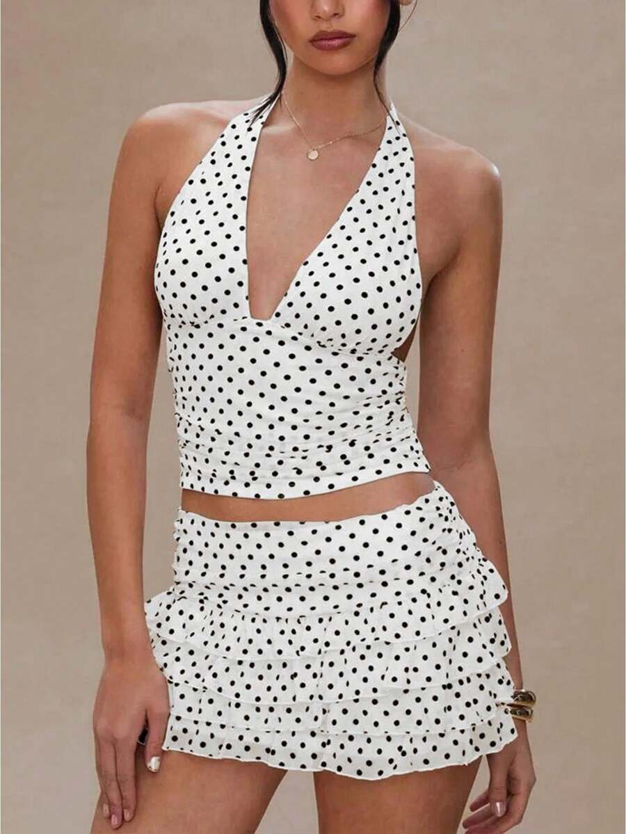 Women Polka Dot 2 Piece Skirt Outfits Sets Halter V-Neck Backless Top Ruffle Layered Mini Skirt Summer Y2k Outfits - trắng - Xem 1