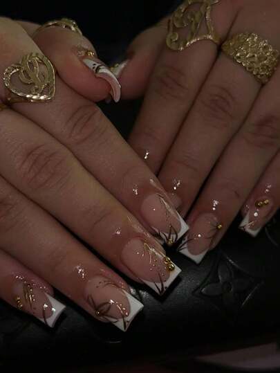 24pcs/Set Minimalist White Tip Floral & Polka Dot Medium Square Full Cover Press-On Nails, Includes Gel Polish & Nail File, Suitable For Girls/Women For Daily, Office, Afternoon Tea, Party Wear