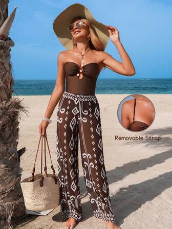 2件套女士优雅高弹力吊带连体泳衣，搭配半透明波西米亚印花裤