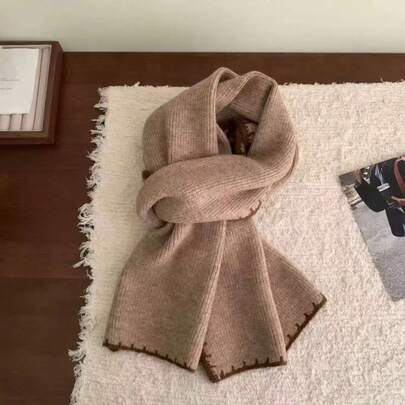 1pc Knitted Blend Scarf For Women, Soft & Warm Knitted Neck Warmer, Thick Scarf For Students, Fashionable Contrast Color Scarf For Daily Wear, Cappuccino