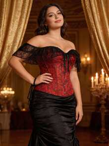 Áo corset trễ vai kiểu cung đình cỡ lớn, viền ren, áo bustier jacquard cổ điển gợi cảm, áo định hình vòng một quyến rũ cho kỳ nghỉ hè. - Màu Đỏ Sâu - Xem 4