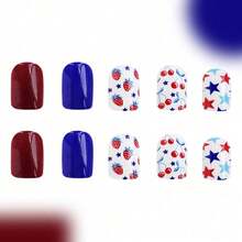 Short Red And Blue Strawberry Cherry Independence Day Nail Art With Five-Pointed Star Design, 24 Pieces - 1 - View 4