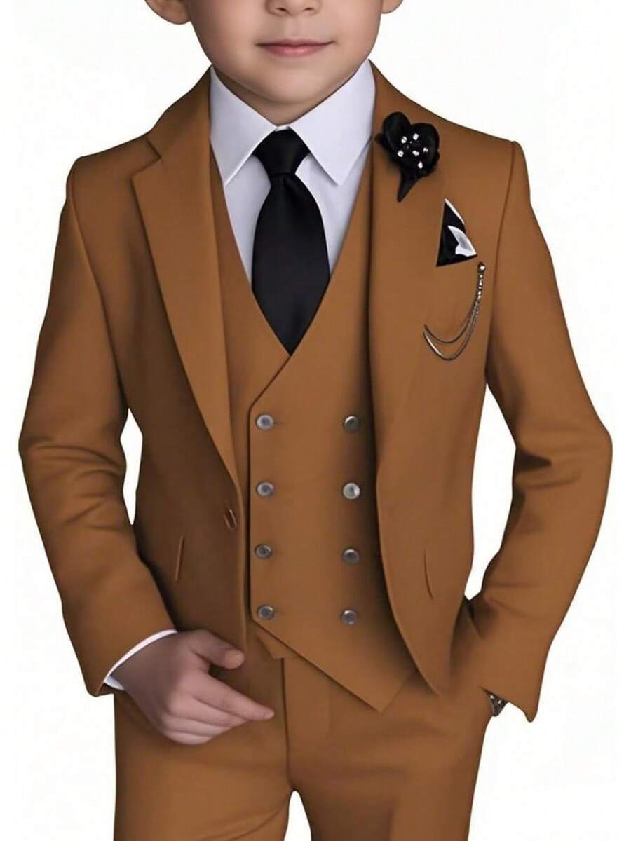 Stylish Boys 4 Piece Slim Fit One Button Formal Suit Set With Tie For Wedding Prom Party - Brown - View 1