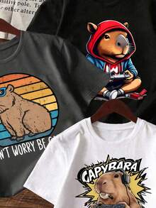 3件装男童卡通图案印花圆领短袖T恤，夏季上衣 - 彩色 - 查看 3