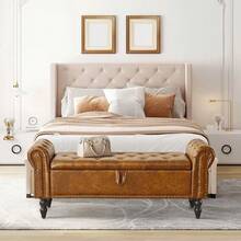 Storage Ottoman Bench, Leather Benches End Of Bed Bench With Solid Wood Legs Upholstered Ottoman Bench With Storage Indoor Bench For Living Room With Rolled Arm, Entryway, YellowBrown - Yellowbrown - 查看 2
