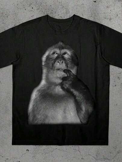 Valentine's Day Monkey Print Crew Neck Plus Size T-Shirt, Spring/Summer Casual Short-Sleeved Top, Plus Size Women's Clothing