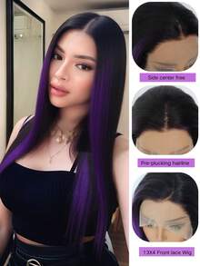 200% Density 24" 13X4 HD Lace Front Wig - Hand-Tied Black Silky Straight With Purple Highlights, Glueless Heat Resistant Synthetic - Purple Highlight - View 4