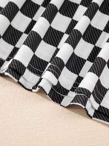 Acelitt 两件套：棕色格纹T恤搭配高腰不对称下摆半身裙，休闲舒适，适合居家休闲穿着，黑色夏季款 - 黑色 - 查看 9