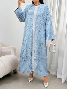 Elegance Jacquard Long Sleeve Abaya Coat - Muslim Women's Summer Outerwear - Blue - View 3