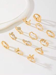 Juego de 13 anillos apilables multicomponentes, adecuado para fiestas de cumpleaños, salir con amigos, uso diario. La combinación de anillos apilados realza el aspecto estiloso general. - Dorado - Ver 5