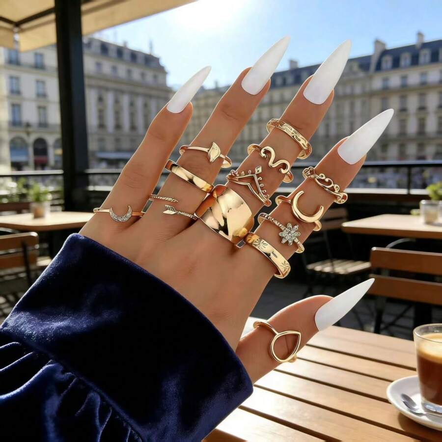 13件套 时尚简约多元素水钻设计女士戒指套装，百搭日常配饰 - 金色 - 查看 1