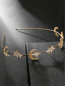 1pc Elegant Fashionable Sun Goddess Double-Layer Headband With Hexagram, Moon Alloy Crystal Hair Hoop, Baroque Hair Accessory