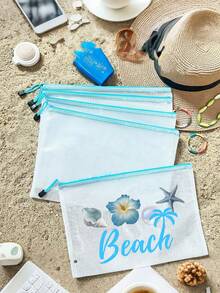 時尚防水PVC海灘包，附「Beach」貝殼圖案，A4尺寸，透明化妝包、盥洗包，尼龍拉鍊，適合游泳、潛水、夏季度假，輕量，海灘必備，旅行/開學必備，度假良伴 - 彩色 - 查看 12