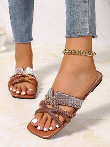 新款春夏时尚休闲绑带凉鞋，舒适平底圆头沙滩拖鞋，百搭夏季装饰平底凉鞋 - 棕色 - 查看 2