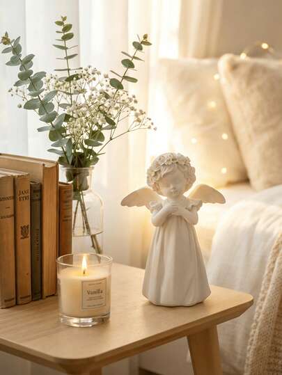 Elegant Angel Sculpture Decor: Adorable Angel With Flower Crown, Graceful Wing Design, Suitable For Living Room, Bedroom, Office Or Gifts, Adds Elegance And Serenity To Any Space, Perfect For Displaying On Shelves, Desktops Or Mantles, Brings A Dreamy Ambiance To Interior Decoration