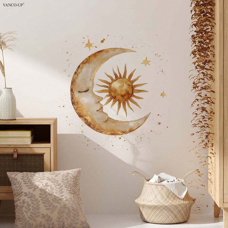 1件波西米亚风格日月金色墙贴，3D立体防水防油PVC墙贴，适用于斋月、卧室、厨房、客厅 - 彩色 - 查看 1