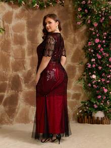 JINLICX Elegant Beaded Red Dress Asymmetrical Mesh Evening Gown - Red - View 4