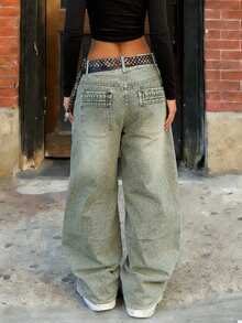 Quần jeans nữ ống rộng cạp cao phong cách retro - Quần thường ngày kiểu đường phố. - màu xanh lá - Xem 8