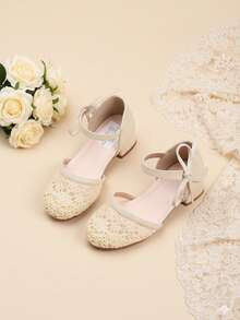 1双时尚蕾丝高跟鞋，适合大码女孩/女童，舒适日常鞋，适合女学生，也适合表演、芭蕾舞、婚礼、派对、圣诞公主鞋