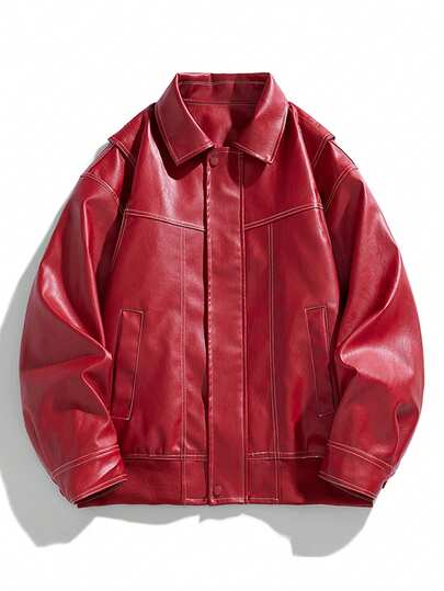 1pc Men's Solid Color Faux Leather Collar Jacket, New Men's Jacket Coat, Comfortable Breathable Durable Wrinkle-Resistant, Soft Delicate Faux Leather Material (Wrinkle-Resistant And Easy To Maintain), Turndown Collar Zipper Closure + Contrast Stitching Decor, Practical Pockets + Gathered Cuffs / Hem, Loose Fit, Suitable For Casual Street, Commuting, Gathering With Friends, Light Outdoor Walking, Short-Distance Travel