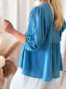 Áo sơ mi vải lanh dáng rộng, thoải mái dành cho nữ cỡ lớn, đơn giản và thời trang, phù hợp cho mặc hàng ngày, đi nghỉ mát, đi làm, mùa xuân/hè. - Màu xanh lam - Xem 2