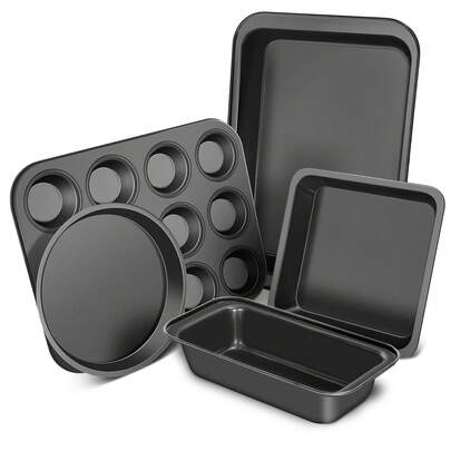 5pcs Non-Stick Baking Tool Set, Including Round/Square Cake Pans, Muffin Tins, Baking Sheets, Oven Baking Trays, Black Kitchen Baking Cookware Set, Baking Pans And Supplies