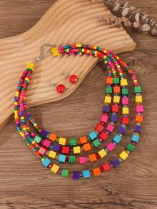 1 Set Handmade Multilayer Exaggerated Wooden Bead Necklace, Boho Style Bib Necklace For Women, Suitable For Beach, Party, Middle East Formal Occasions, Beautiful Jewelry Necklace & Earrings - Colorful - View 3