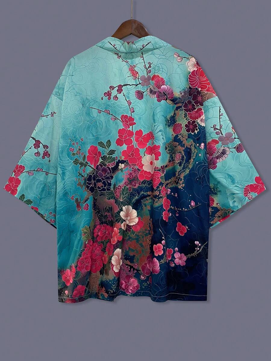 Japanese Style Floral Print Kimono Cardigan, Loose Fit Vintage Sakura Printed Spring/Summer Unisex Lightweight Jacket, Casual Streetwear, Beach, Travel, Festival, Party Costume - Mint Green - View 1