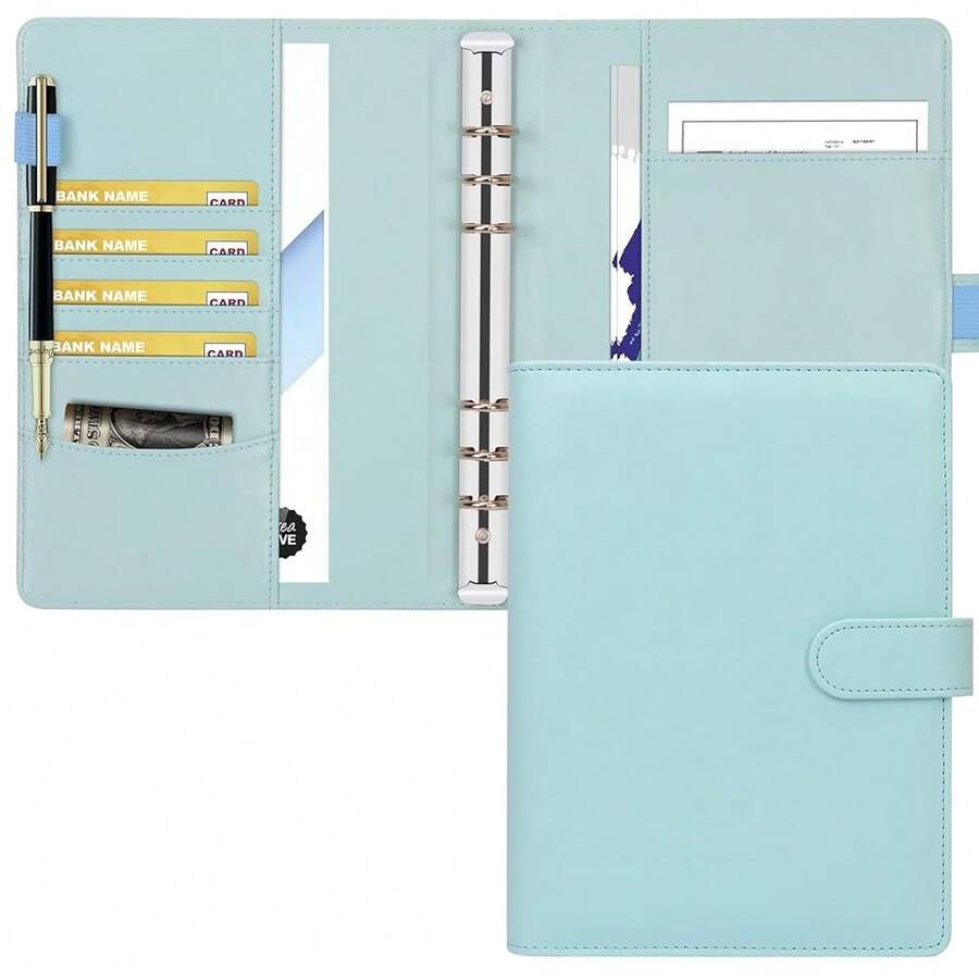 A5 Binder 6 Ring Loose Leaf Personal Organizer Binder Cover Makaron Blue Portfolio For Interview, Conference, Business,6 Ring A5 Binder - 馬卡龍藍色 - 查看 1