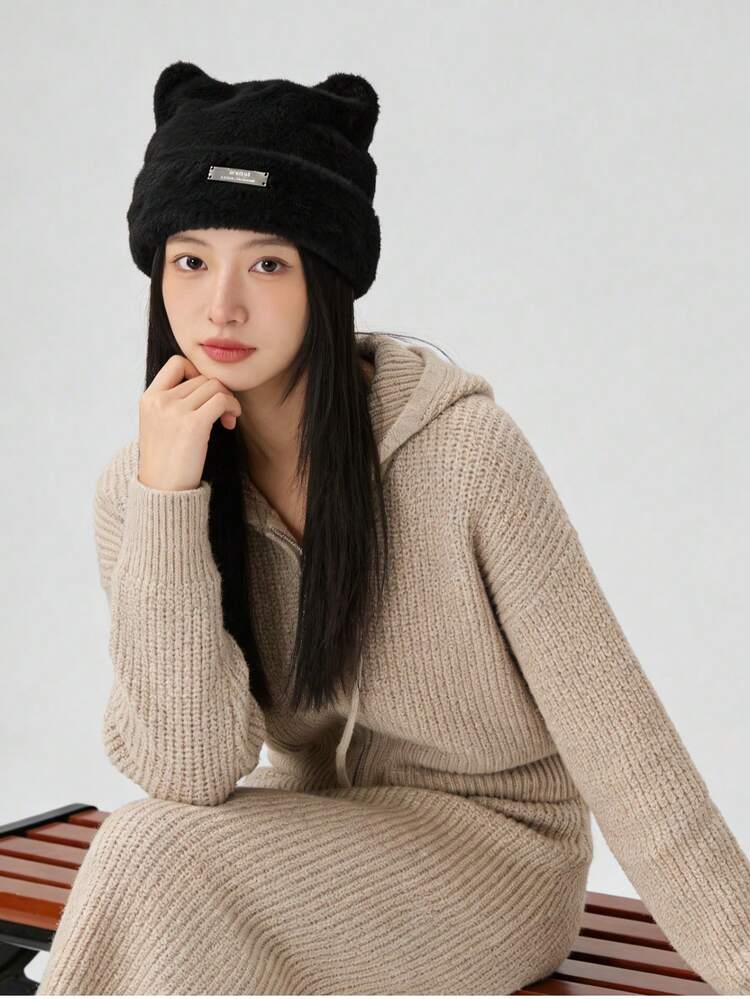 新款秋冬毛绒猫耳针织帽，保暖针织帽，时尚百搭女士毛绒帽 - 黑色 - 查看 1