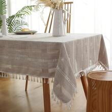 Gernaice Rustic Stripe Embroidered Tablecloth Heavy Tassel Small Rectangle Cotton Linen Table Cloth Wrinkle Free Washable Table Cover For Coffee Living Room Sofa Table Brown 36x55 Inch - 棕色 - 查看 8