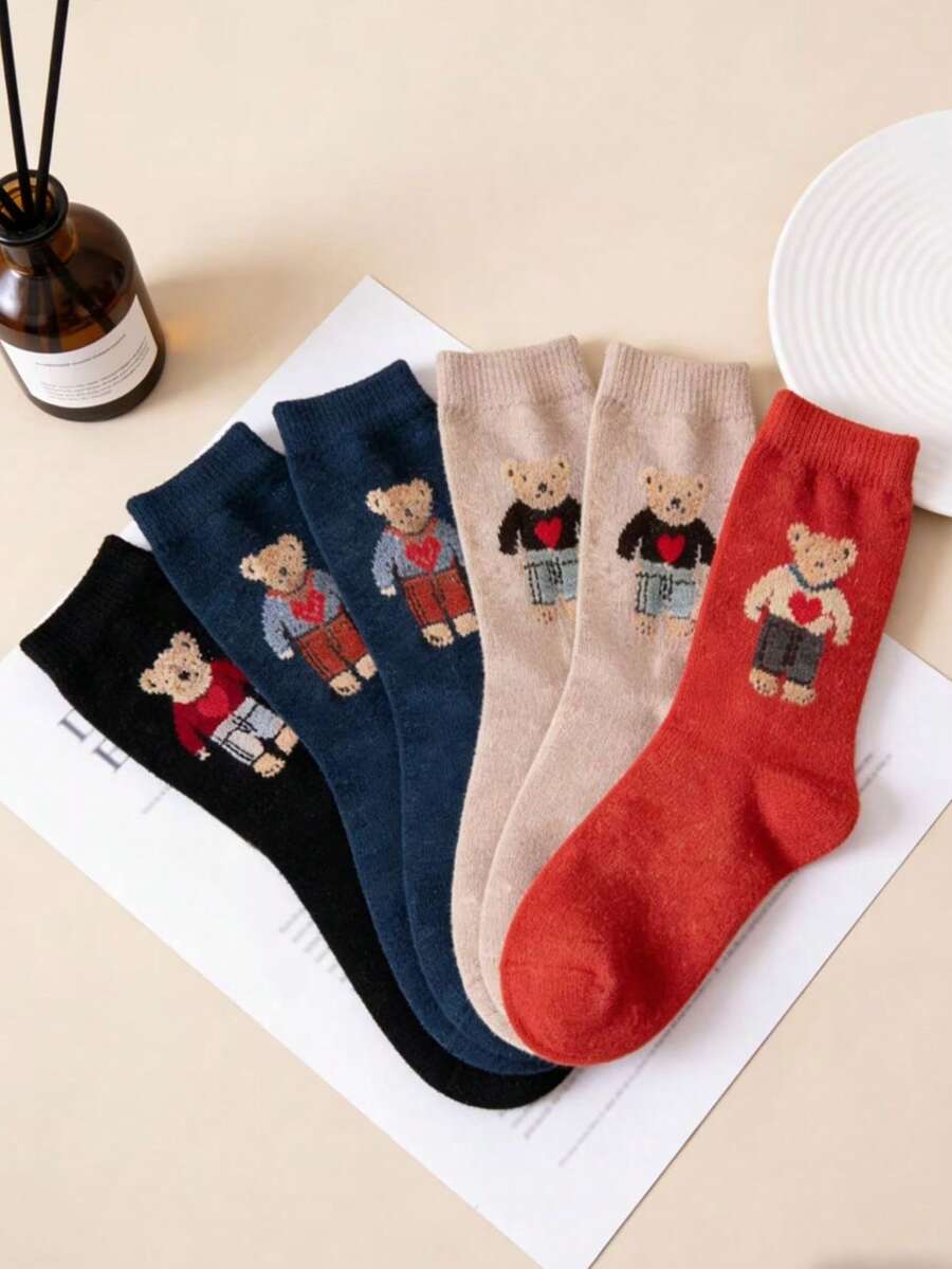 3 pares de calcetines de media caña con oso aleatorio, calcetines largos gruesos de dibujos animados dulces, calcetines holgados de estilo japonés - Multicolor - Ver 1