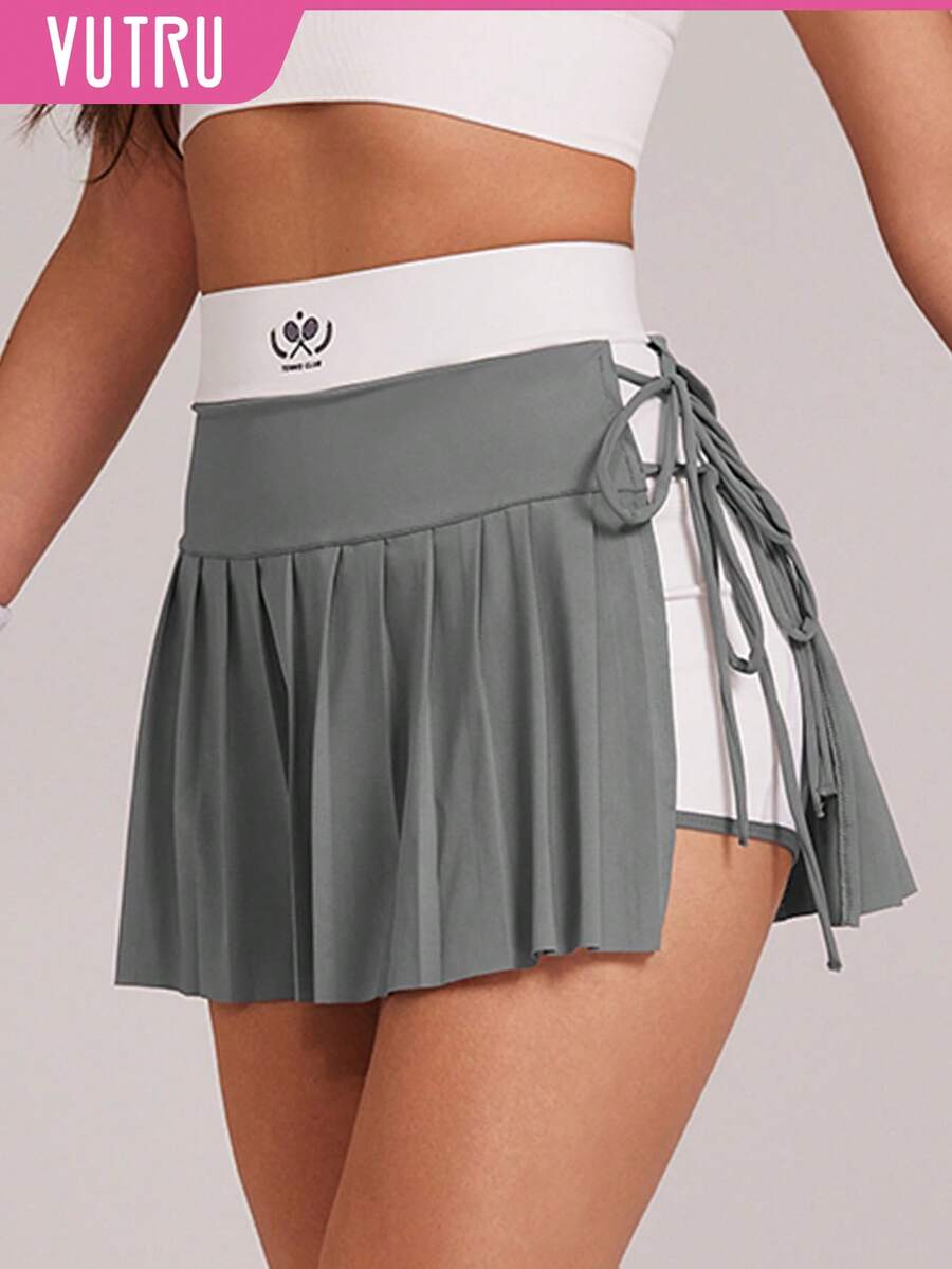 VUTRU 二合一高腰褶裥运动裙，侧开衩，网球/高尔夫裙