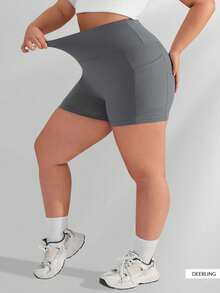 Shorts de yoga taille haute noirs pour femmes grandes tailles, contrôle du ventre, avec poches, convient pour le fitness, le cyclisme, la course et diverses occasions estivales - Gris foncé - Voir 4