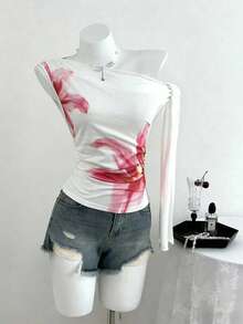 优雅成熟 2026 情人节春夏女装单肩系带花瓣上衣大花朵不对称ins风休闲海滩度假 - 彩色 - 查看 4