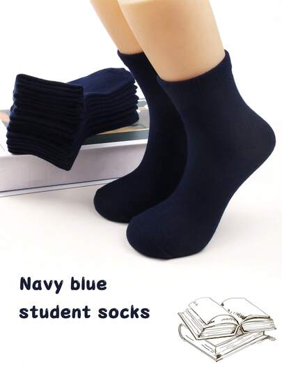 4双/6双装藏蓝色学生袜，舒适儿童中筒袜，简约设计，适合学生制服和日常穿着，清新学术风
