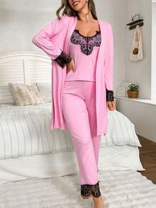 3pcs Women's Sleepwear Set, Includes Camisole, Pants, And Robe With Lace Trim, Soft & Skin-Friendly, Suitable For Spring, Summer, Autumn - Pink - View 2