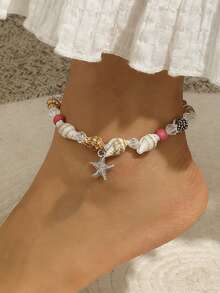 1件波西米亚风水晶、天然贝壳、绿松石、海星吊坠脚链，适合女性日常及节日佩戴