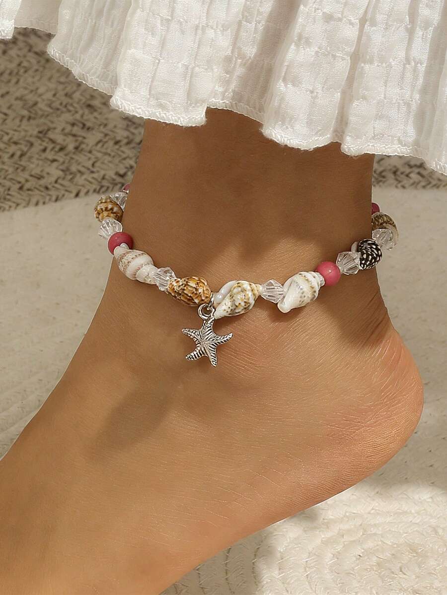 1件波西米亚风水晶、天然贝壳、绿松石、海星吊坠脚链，适合女性日常及节日佩戴